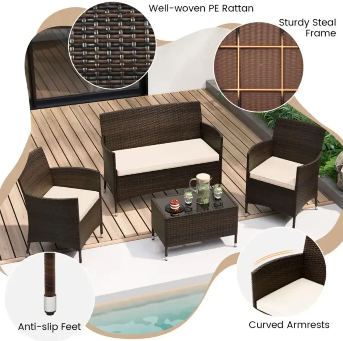 Hivvago 4 Pieces Comfortable Mix Brown Outdoor Rattan Sofa Set with Glass Coffee Table