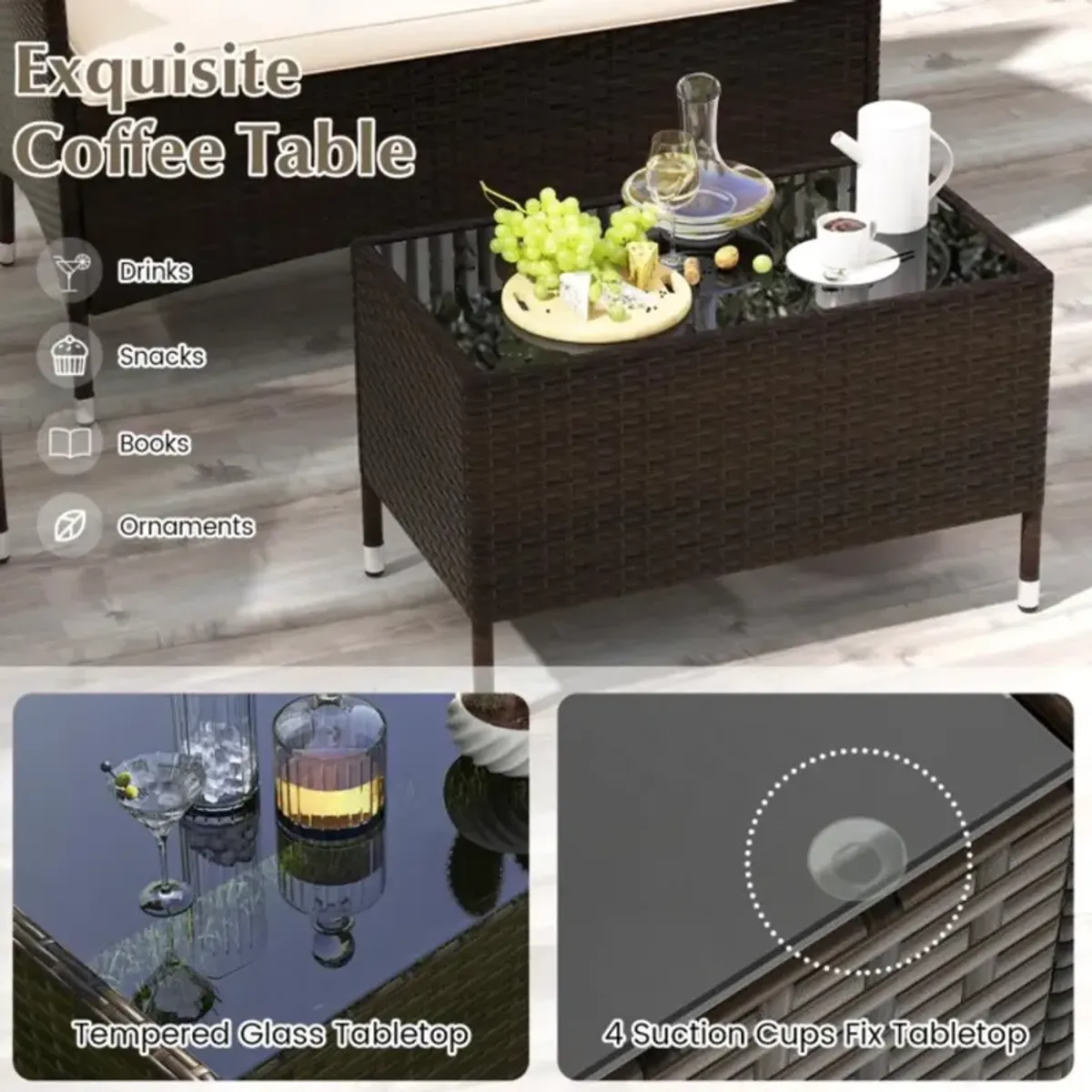 Hivvago 4 Pieces Comfortable Mix Brown Outdoor Rattan Sofa Set with Glass Coffee Table