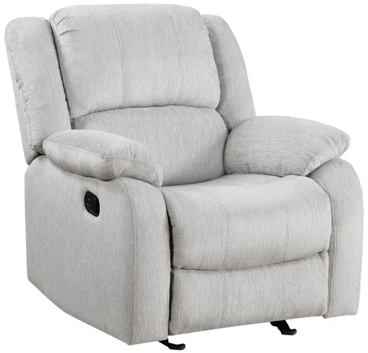 Chris 38 Inch Manual Glider Recliner Chair, Solid Wood, Light Gray Chenille - Benzara