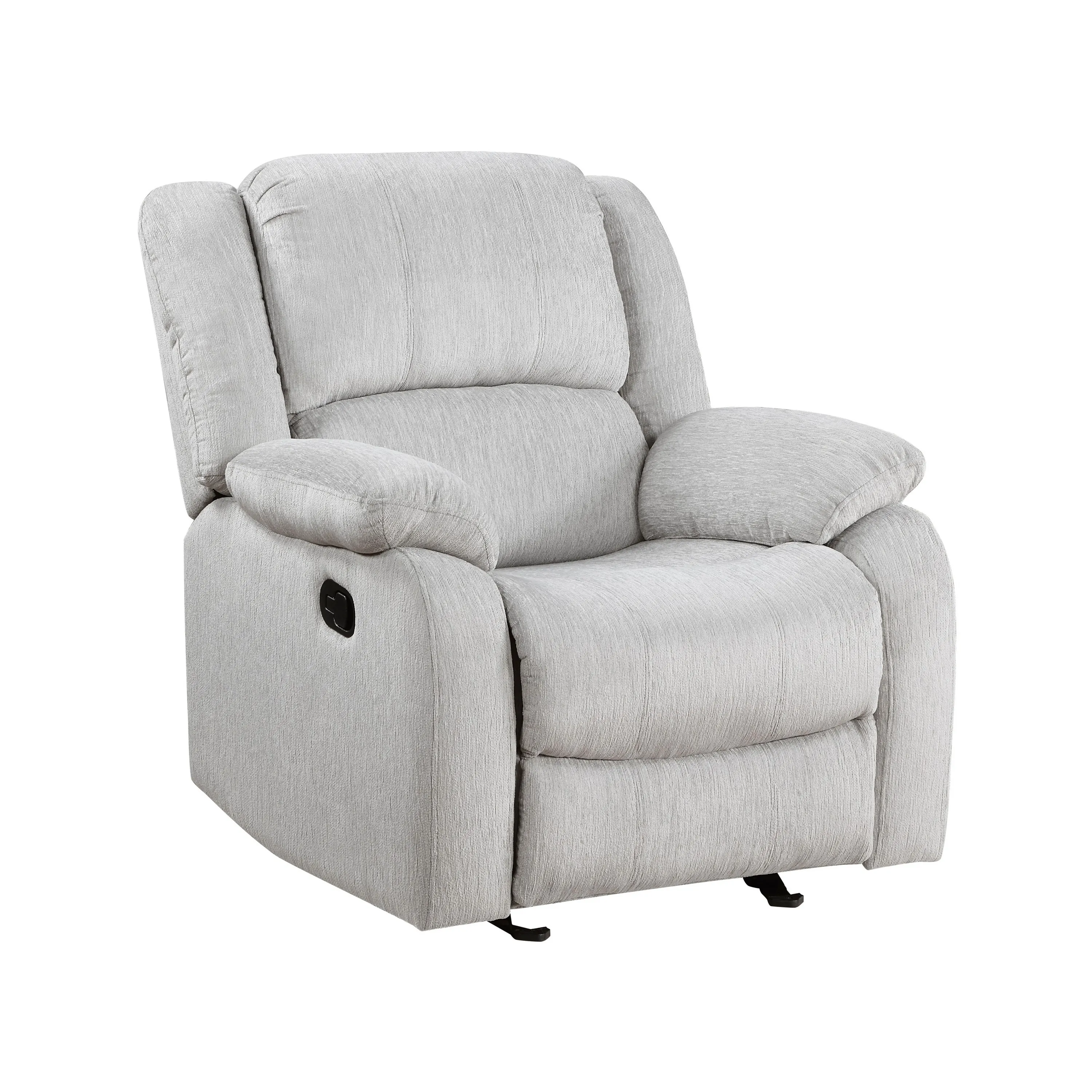 Chris 38 Inch Manual Glider Recliner Chair, Solid Wood, Light Gray Chenille - Benzara