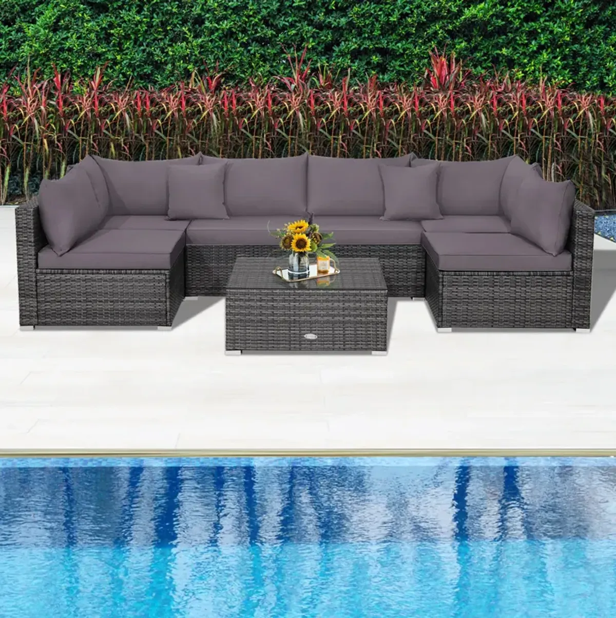 7 Pieces Patio Rattan Furniture Set with Sectional Sofa Cushioned