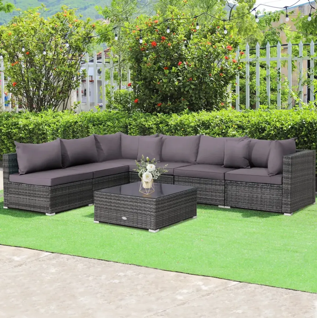 7 Pieces Patio Rattan Furniture Set with Sectional Sofa Cushioned