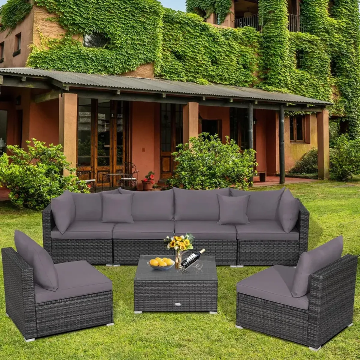 7 Pieces Patio Rattan Furniture Set with Sectional Sofa Cushioned