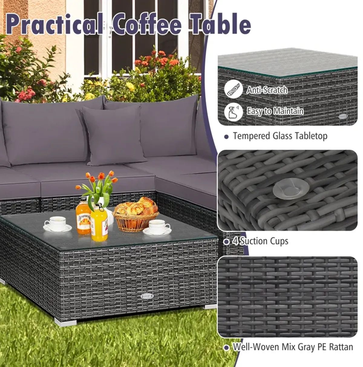 7 Pieces Patio Rattan Furniture Set with Sectional Sofa Cushioned