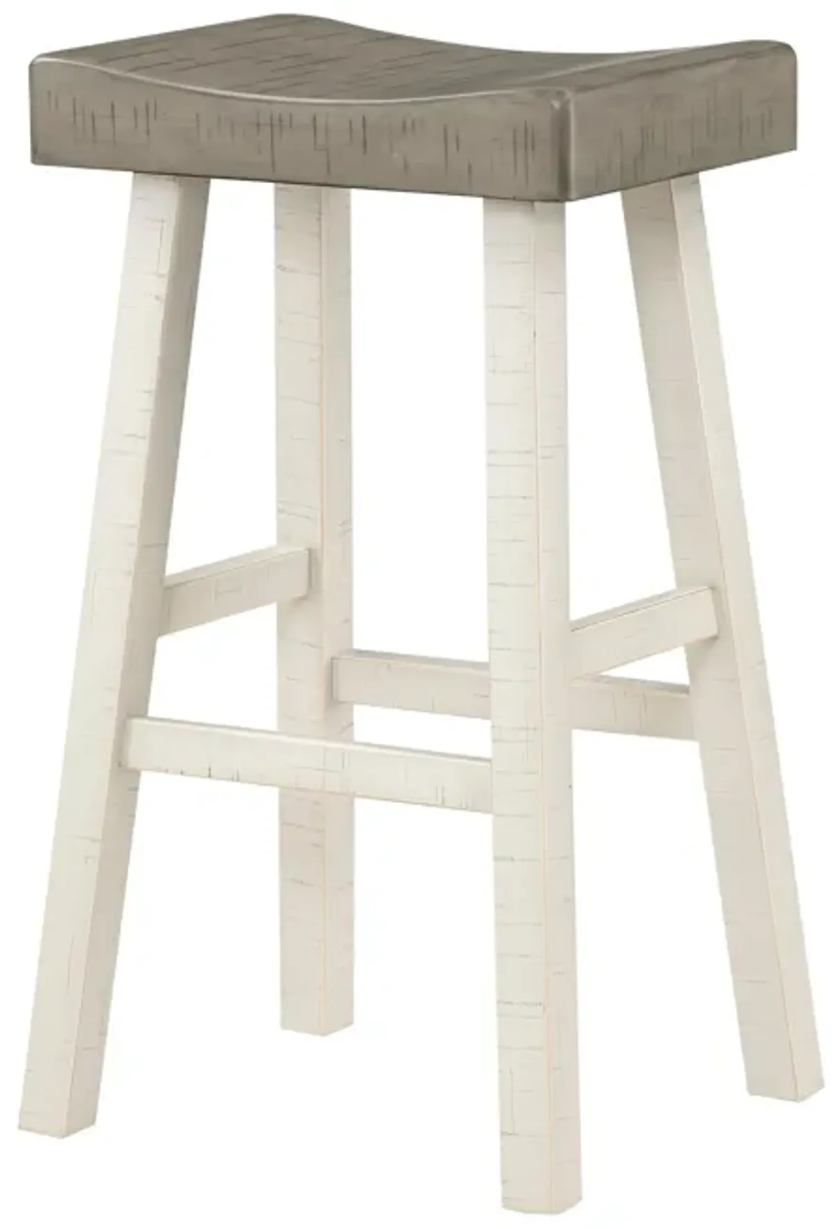 Casy 30 Inch Bar Height Stool, Gray Saddle Seat, White Rubberwood, Set of 2 - Benzara