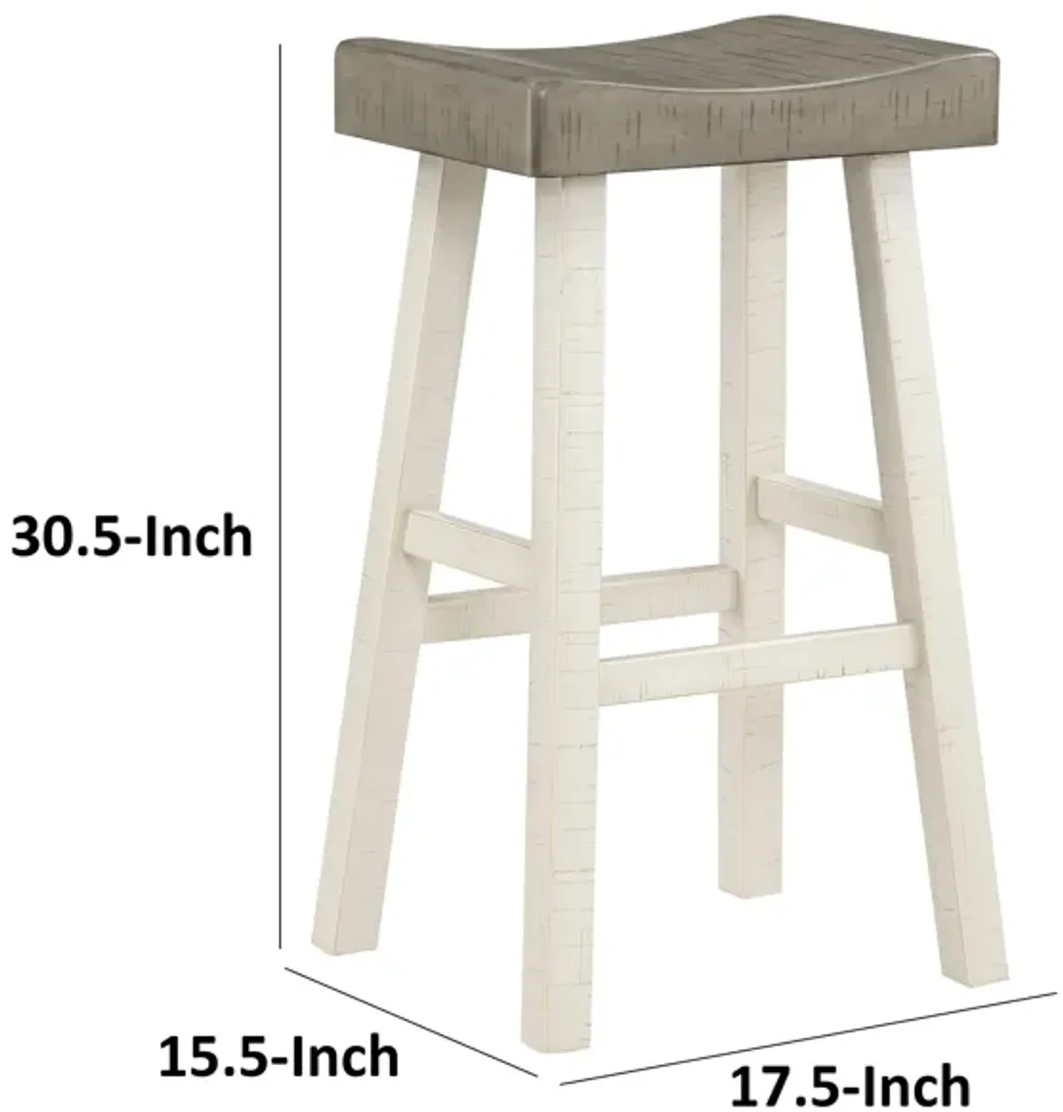 Casy 30 Inch Bar Height Stool, Gray Saddle Seat, White Rubberwood, Set of 2 - Benzara