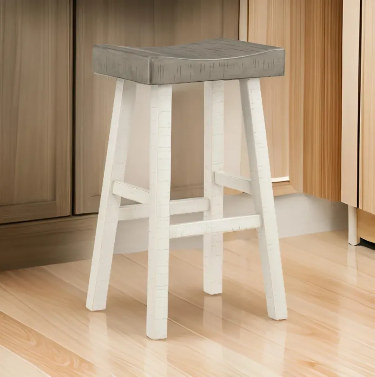 Casy 30 Inch Bar Height Stool, Gray Saddle Seat, White Rubberwood, Set of 2 - Benzara