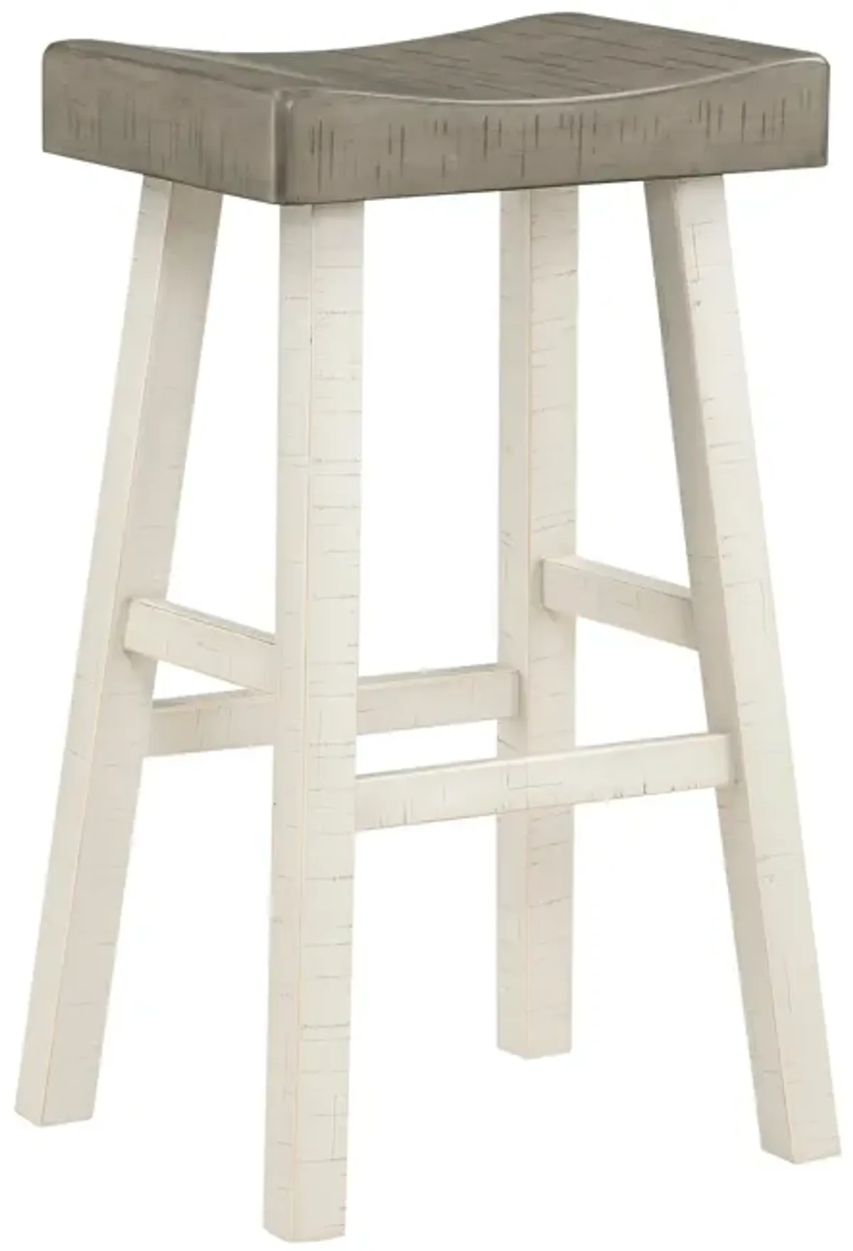 Casy 30 Inch Bar Height Stool, Gray Saddle Seat, White Rubberwood, Set of 2 - Benzara