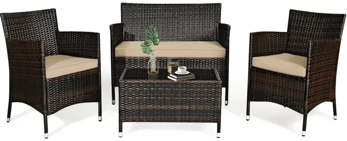 4 Pieces Comfortable Outdoor Rattan Sofa Set with Glass Coffee Table