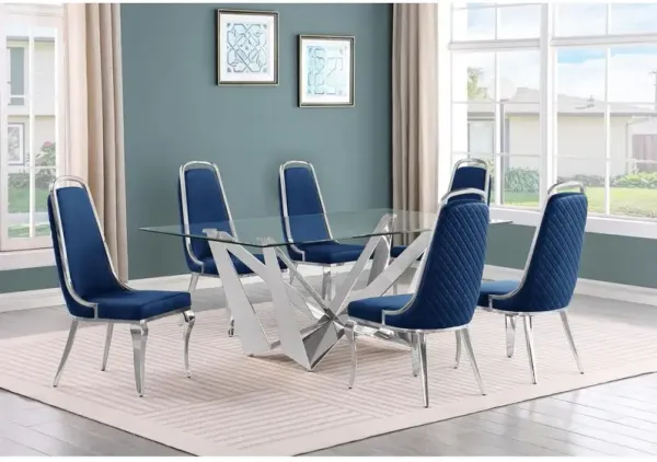 7pc Small(78") glass dining set with silver base and 6 Navy blue side chairs