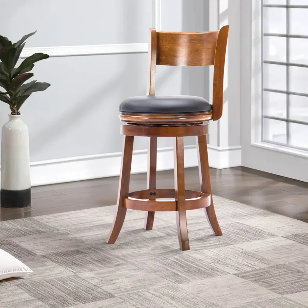Pal 24 Inch Swivel Counter Stool, Solid Wood, Bonded Leather, Walnut Brown-Benzara