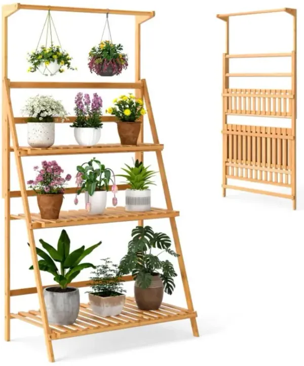 Hivvago 3 Tier Bamboo Hanging Plant Stand with Height Adjustable Hanger Rod
