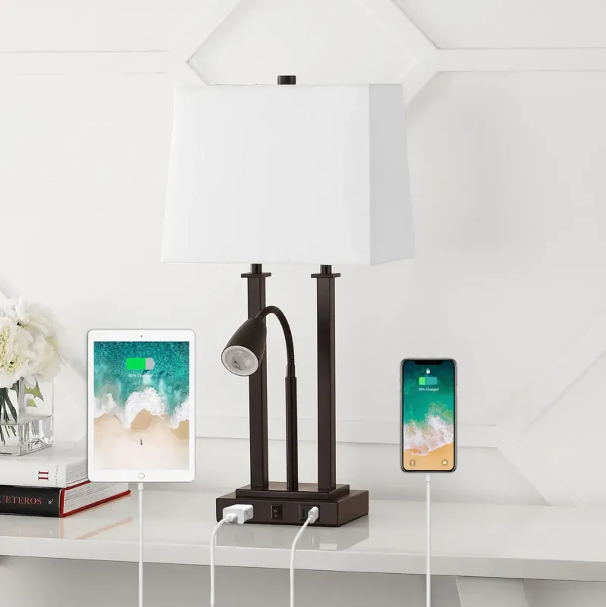 Blaire 23.75" 2-Light Modern Farmhouse Metal LED Table Lamp with USB Charging port, Adjustable Reading Light and AC Outlet, Oil Rubbed Bronze