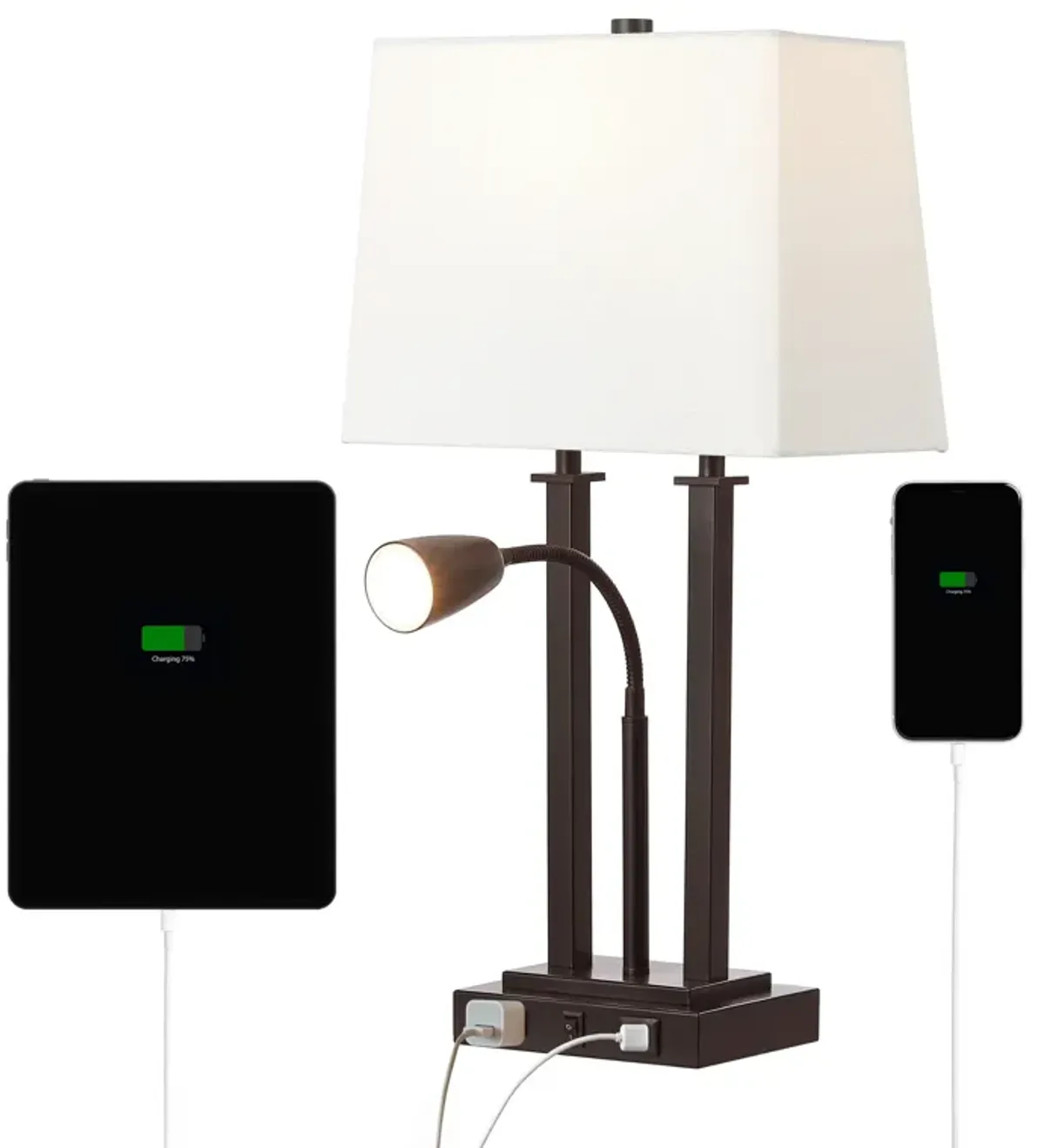 Blaire 23.75" 2-Light Modern Farmhouse Metal LED Table Lamp with USB Charging port, Adjustable Reading Light and AC Outlet, Oil Rubbed Bronze