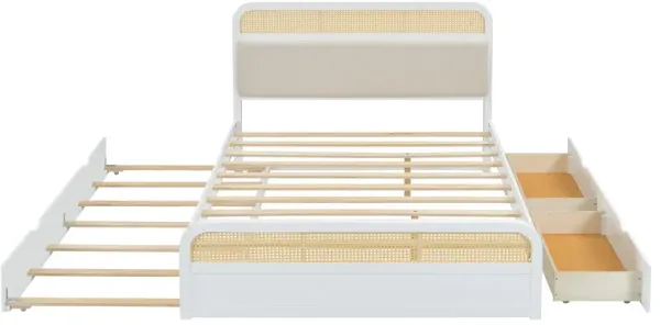 Whisen Queen Size Wooden Platform Bed with Trundle and 2 Drawers - White