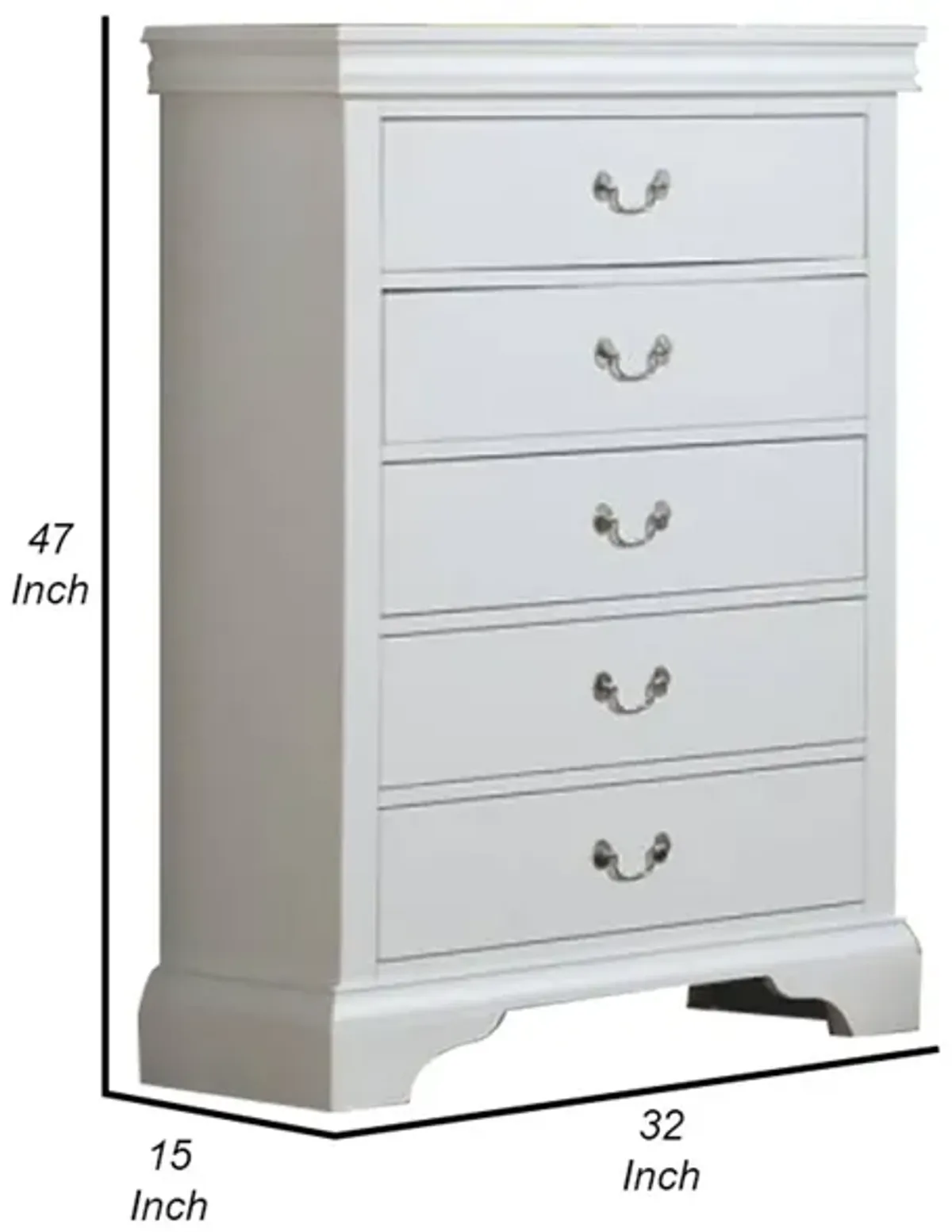 Vix 47 Inch 5 Drawer Tall Dresser Chest, Metal Handles, Crisp White Wood-Benzara