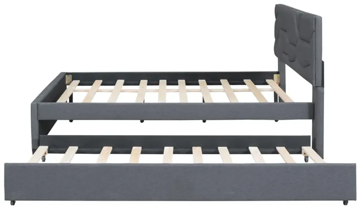 Merax Upholstered Platform Bed with Brick Pattern Headboard and Twin Size Trundle