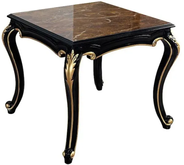 Benjara Trix 22 Inch Side End Table, Faux Stone, Carved Scrollwork, Black and Gold