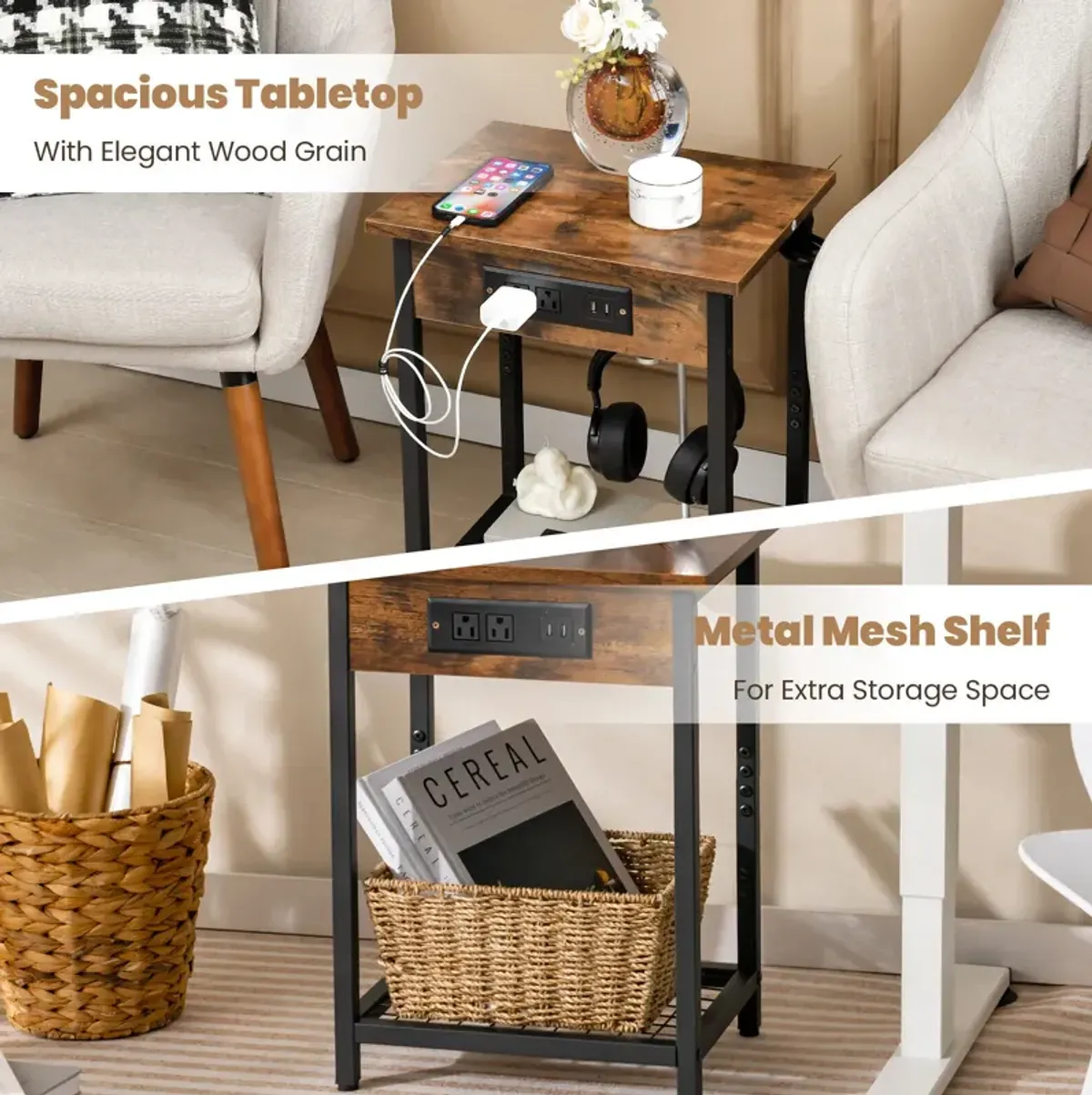 2 Pieces Bedside Nightstand Set with Open Shelf and Charging Station-Rustic Brown