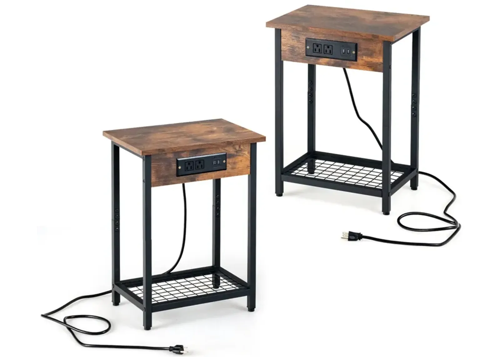 2 Pieces Bedside Nightstand Set with Open Shelf and Charging Station-Rustic Brown