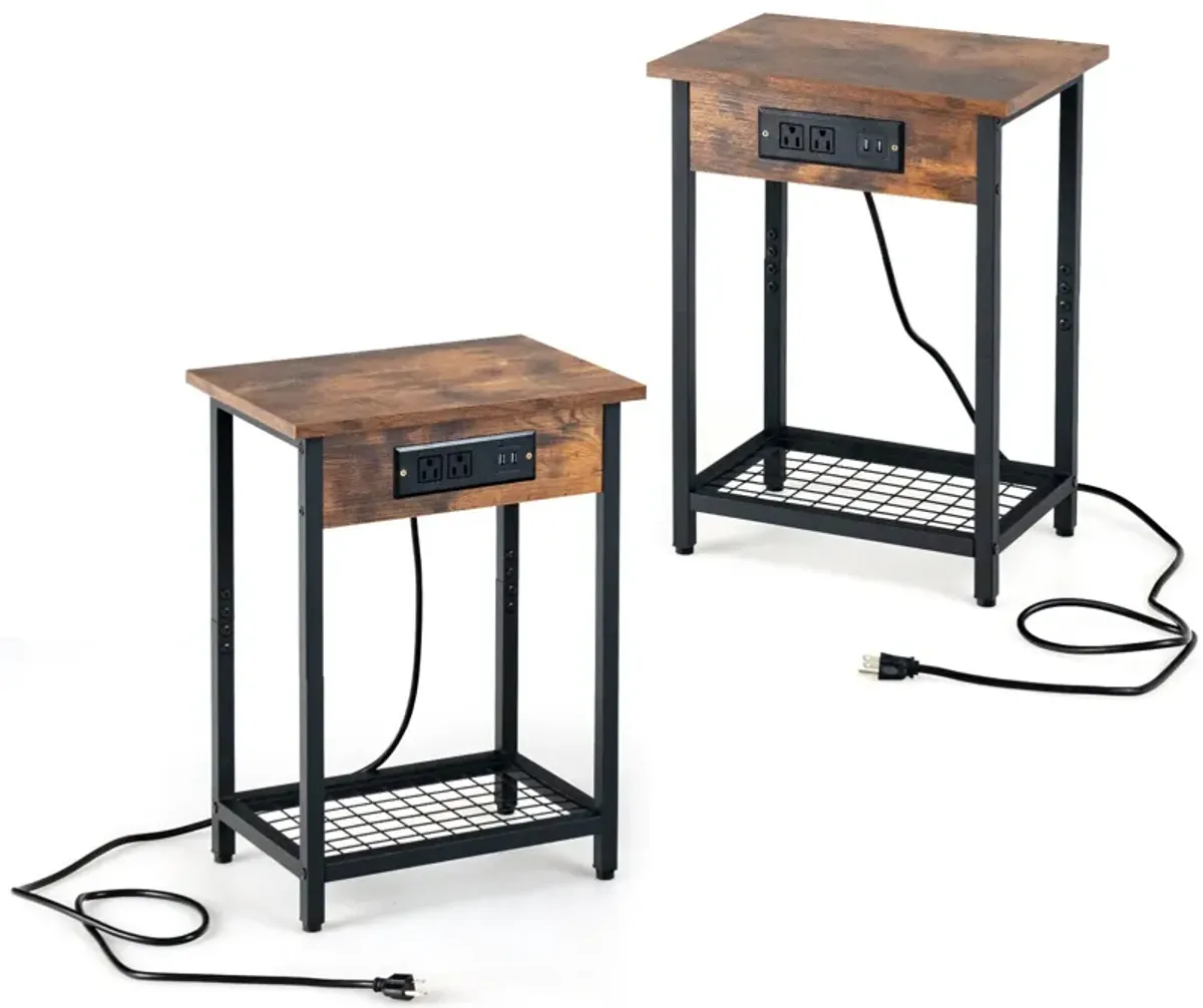 2 Pieces Bedside Nightstand Set with Open Shelf and Charging Station-Rustic Brown