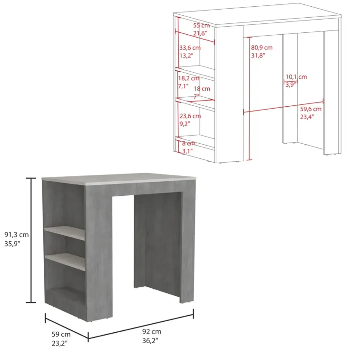 Portree Kitchen & Dining room Island with 3-Side Shelves -Concrete Gray / Ibiza Marble