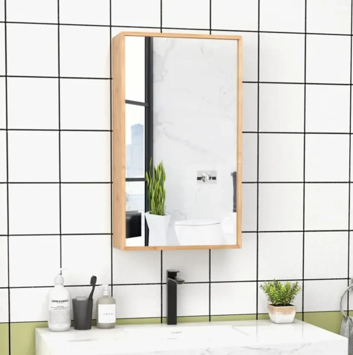 Bamboo Bathroom Wall Cabinet with Mirror with 2 Adjustable Shelves-Natural