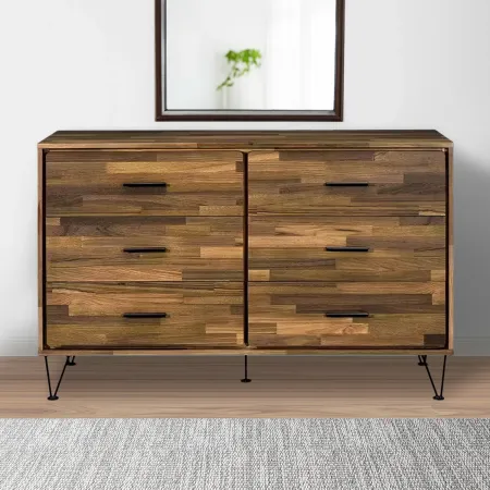 Dresser with 6 Drawers and Butcher Block Pattern, Brown-Benzara