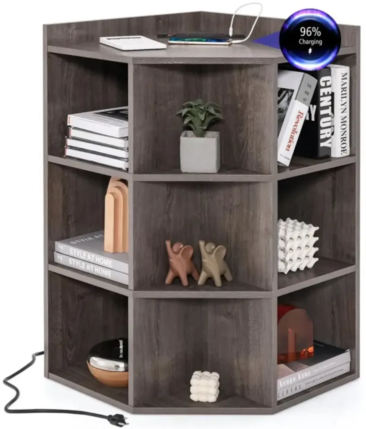 3-Tier Corner Cabinet with Charging Station for Bedroom