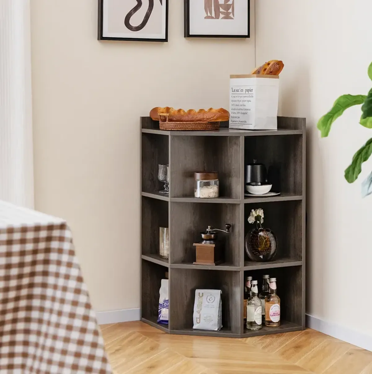 3-Tier Corner Cabinet with Charging Station for Bedroom