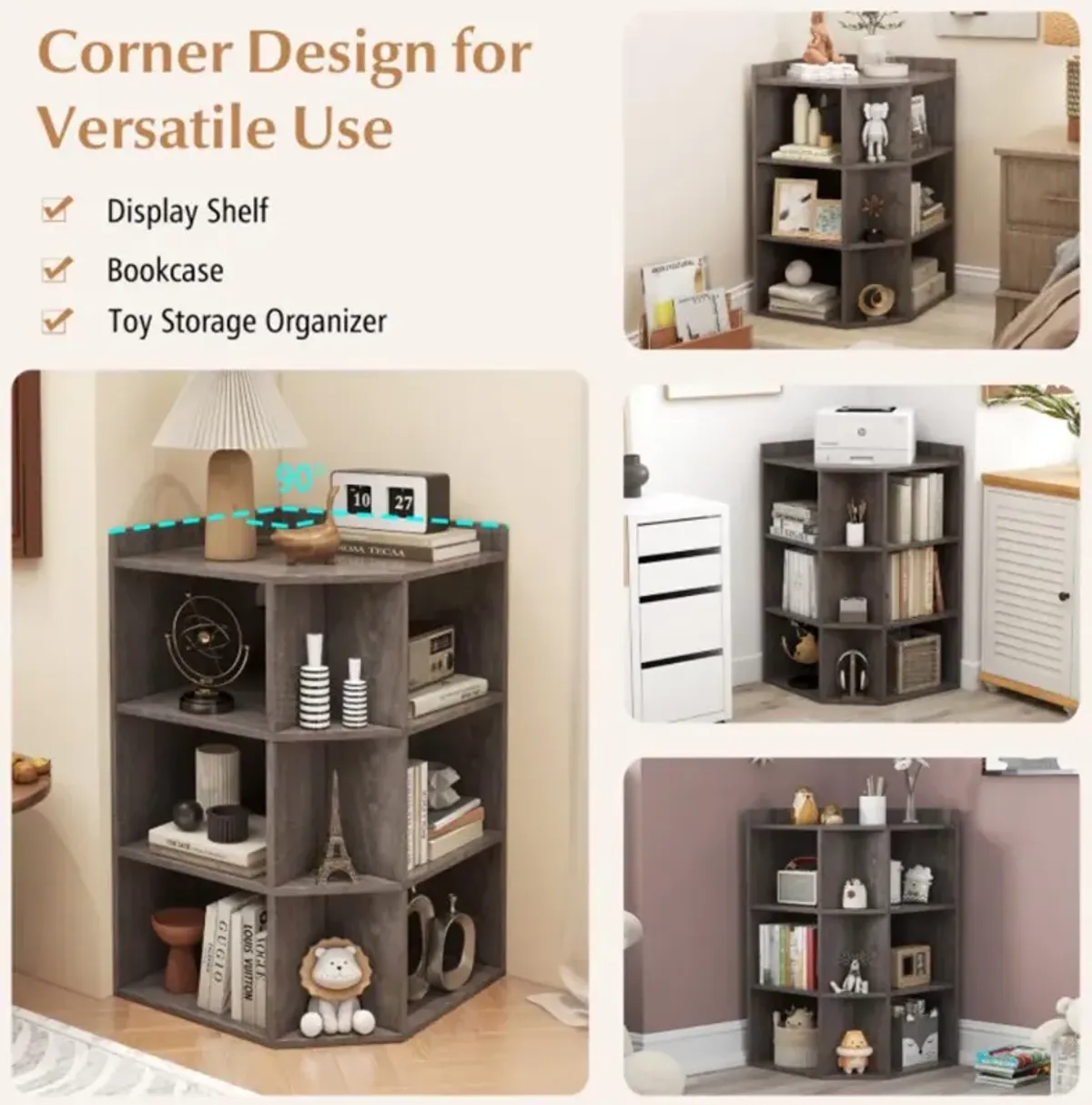 3-Tier Corner Cabinet with Charging Station for Bedroom