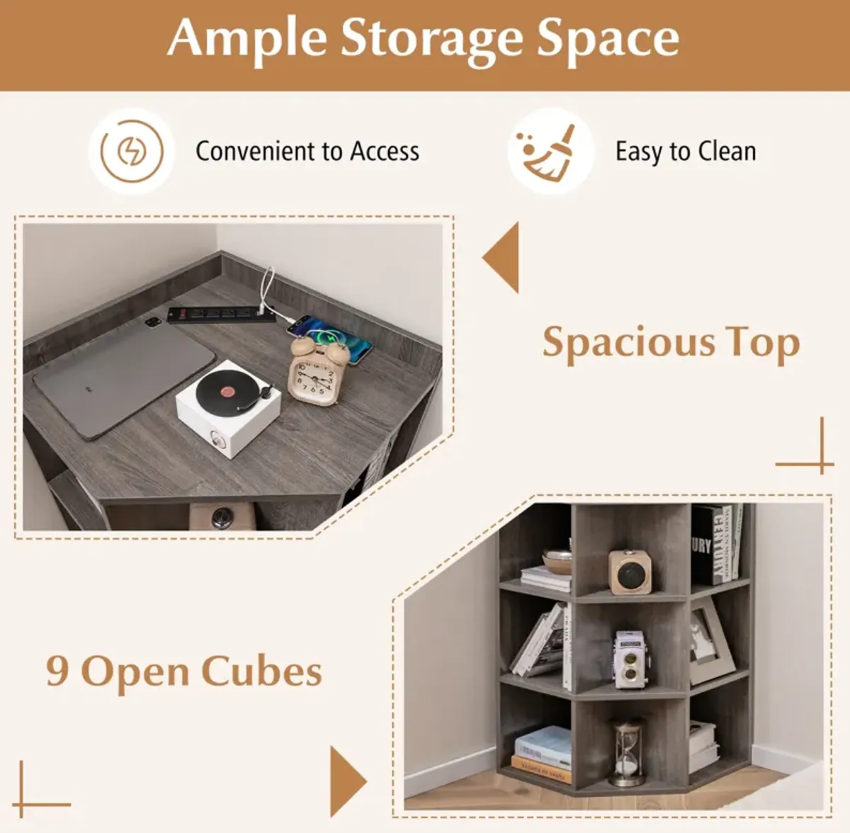 3-Tier Corner Cabinet with Charging Station for Bedroom