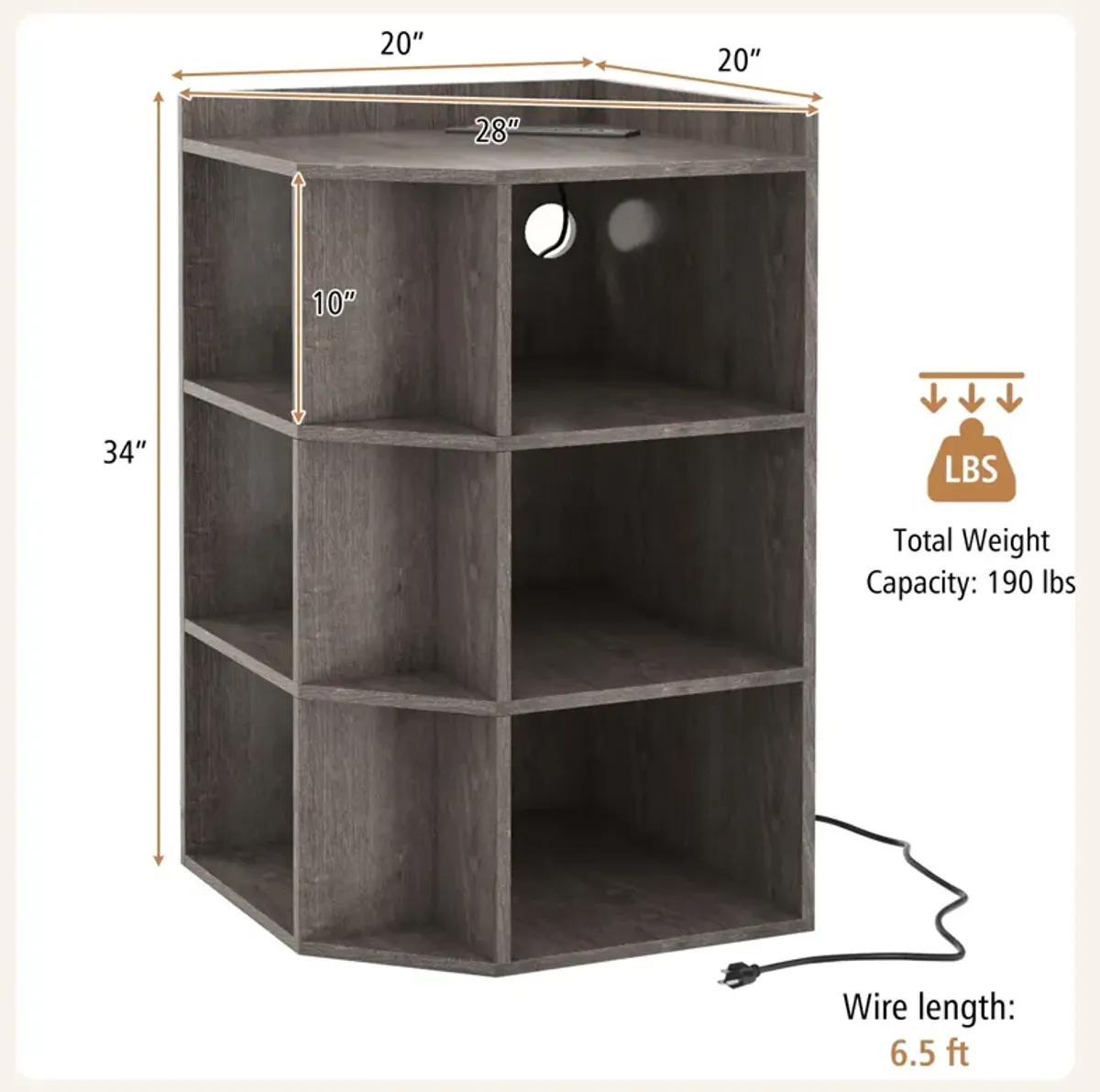 3-Tier Corner Cabinet with Charging Station for Bedroom