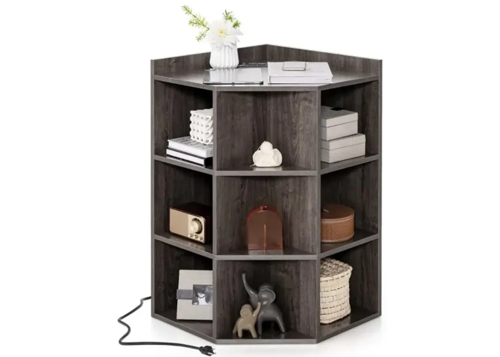 3-Tier Corner Cabinet with Charging Station for Bedroom