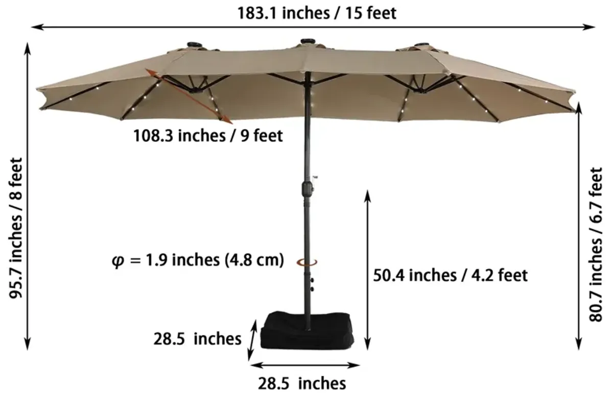 MONDAWE 15ft Rectangular Double-Sided Solar LED Outdoor Patio Market Umbrella with Base Included