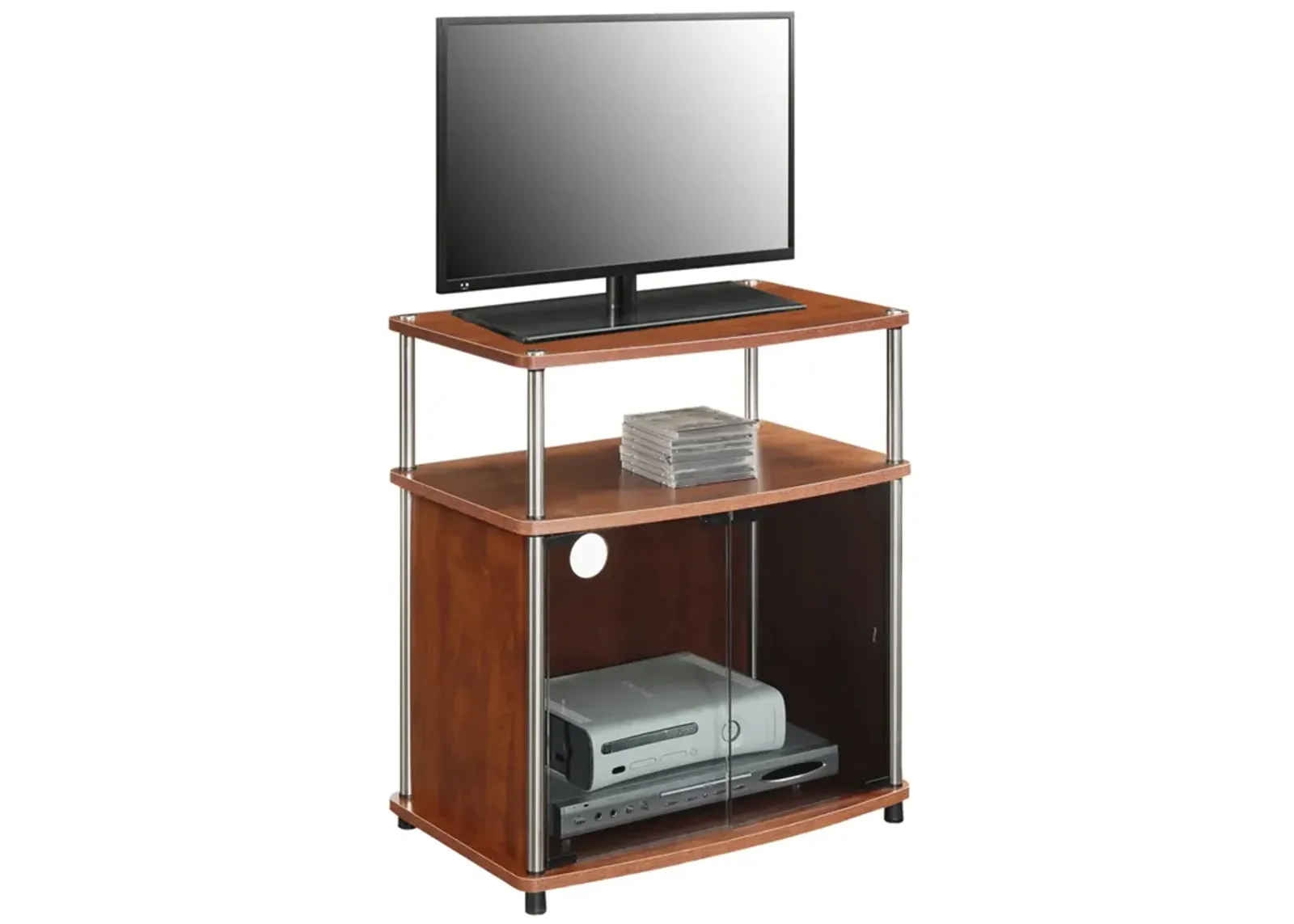 Designs2Go TV Stand with Black Glass Storage Cabinet and Shelf