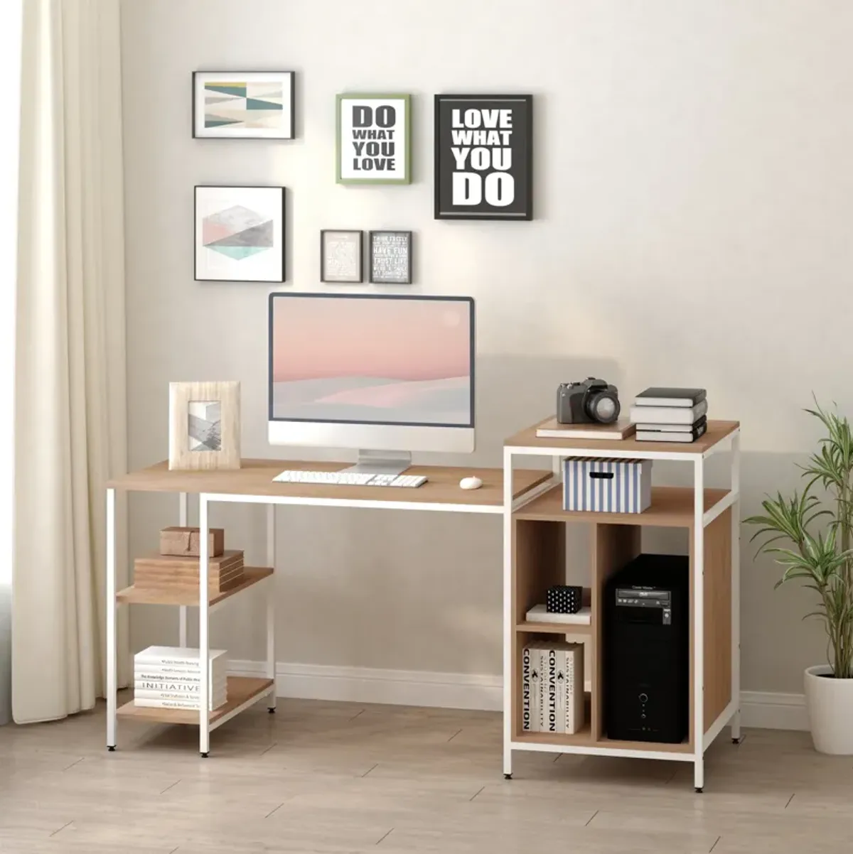 Oak Office Center: 68" Computer Desk with Bookshelf and CPU Stand