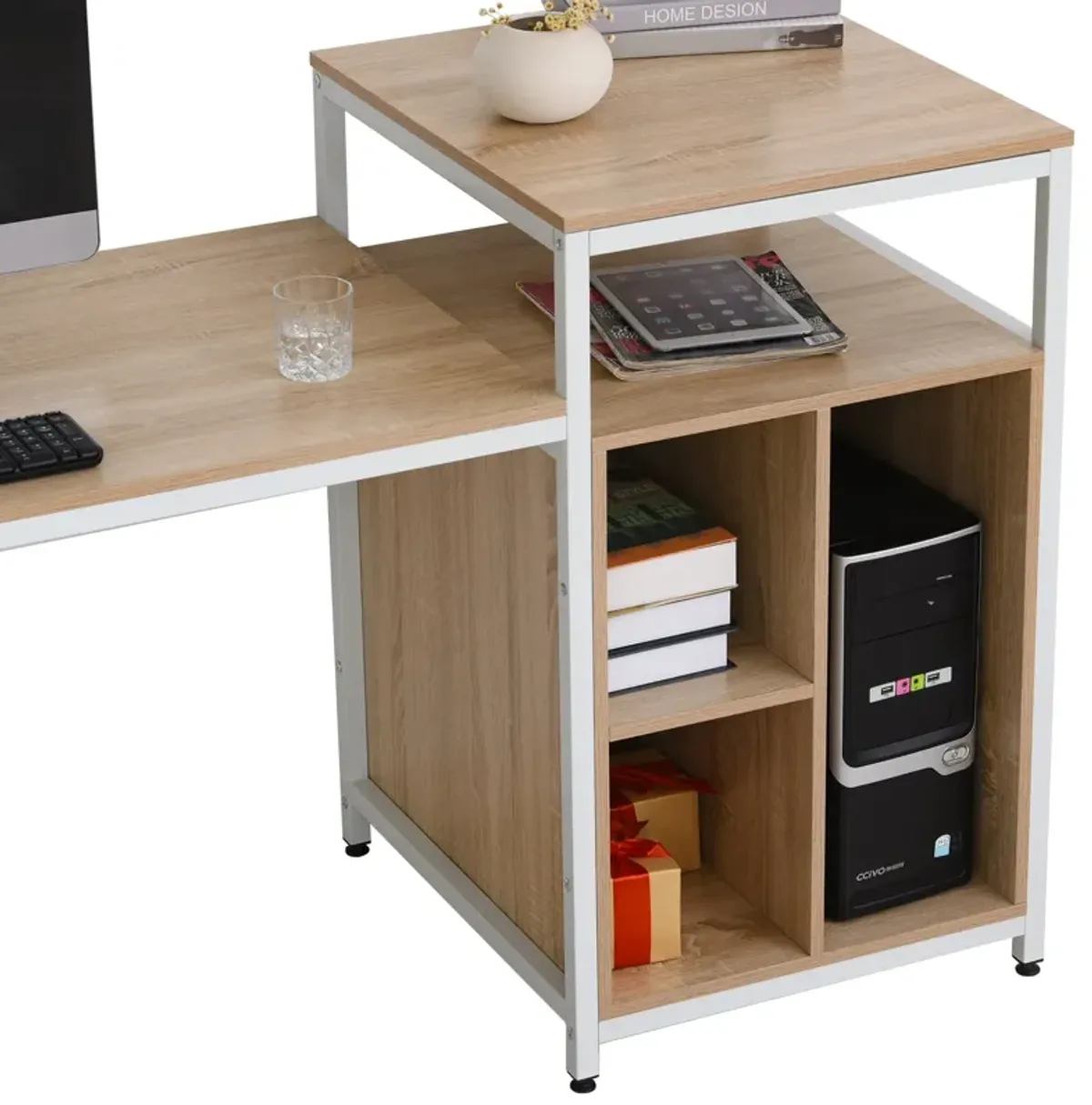 Oak Office Center: 68" Computer Desk with Bookshelf and CPU Stand