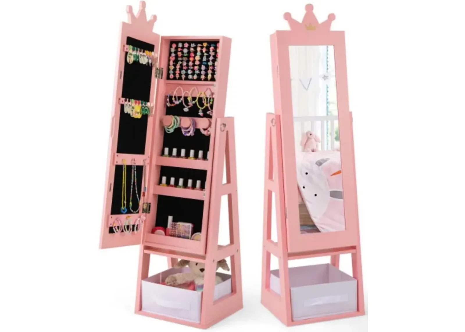 Free-Standing Full Length Kids Jewelry Armoire Cabinet with Storage Capacity