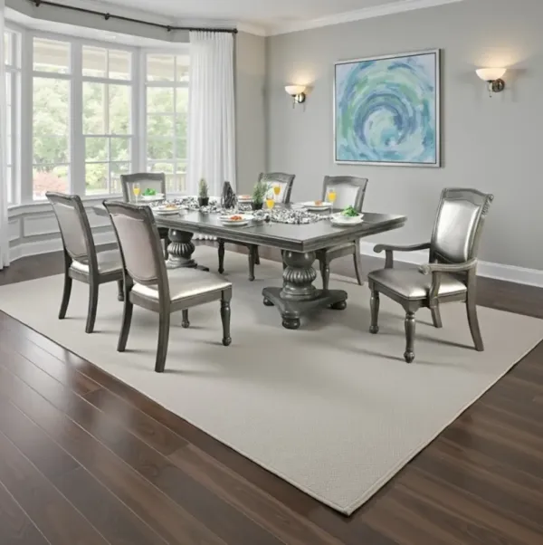 Ena 7pc Dining Table Set, Gray Faux Leather, Extendable 79-103 Inch - Benzara