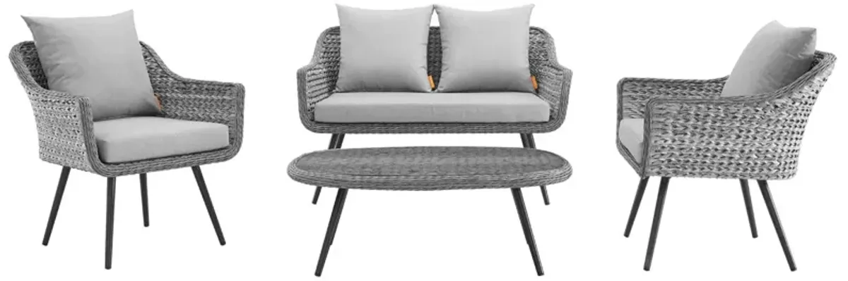 Modway - Endeavor 4 Piece Outdoor Patio Wicker Rattan Loveseat Armchair and Coffee Table Set Gray