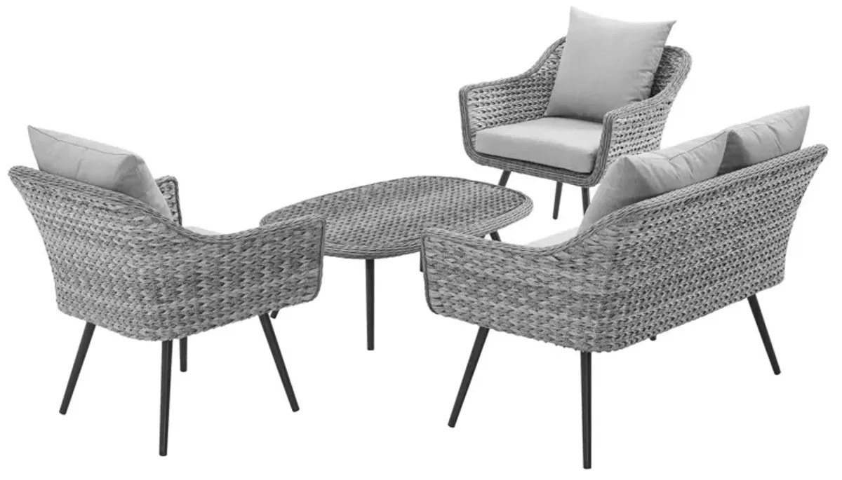 Modway - Endeavor 4 Piece Outdoor Patio Wicker Rattan Loveseat Armchair and Coffee Table Set Gray