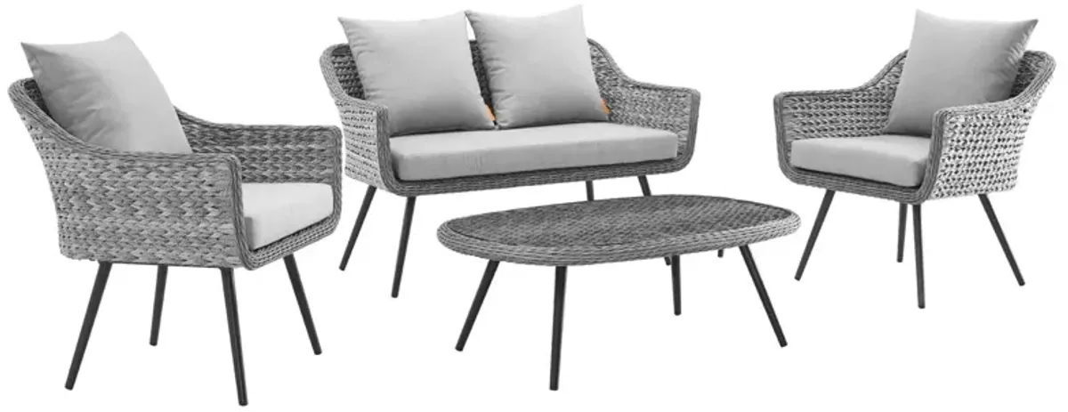 Modway - Endeavor 4 Piece Outdoor Patio Wicker Rattan Loveseat Armchair and Coffee Table Set Gray