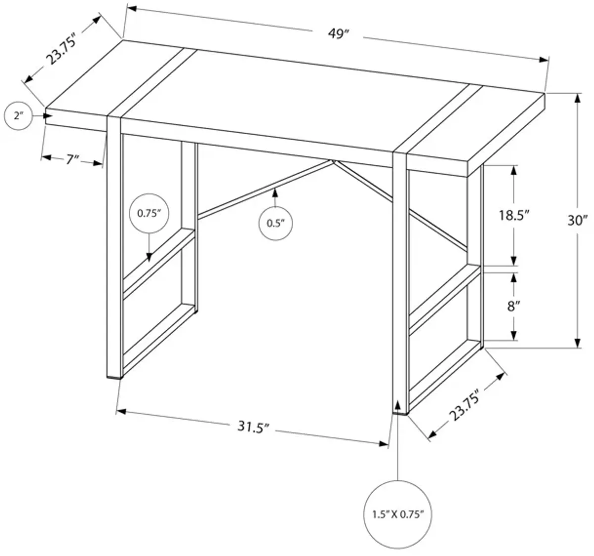 Monarch Specialties I 7662 Computer Desk, Home Office, Laptop, 48"L, Work, Metal, Laminate, Grey, Contemporary, Modern