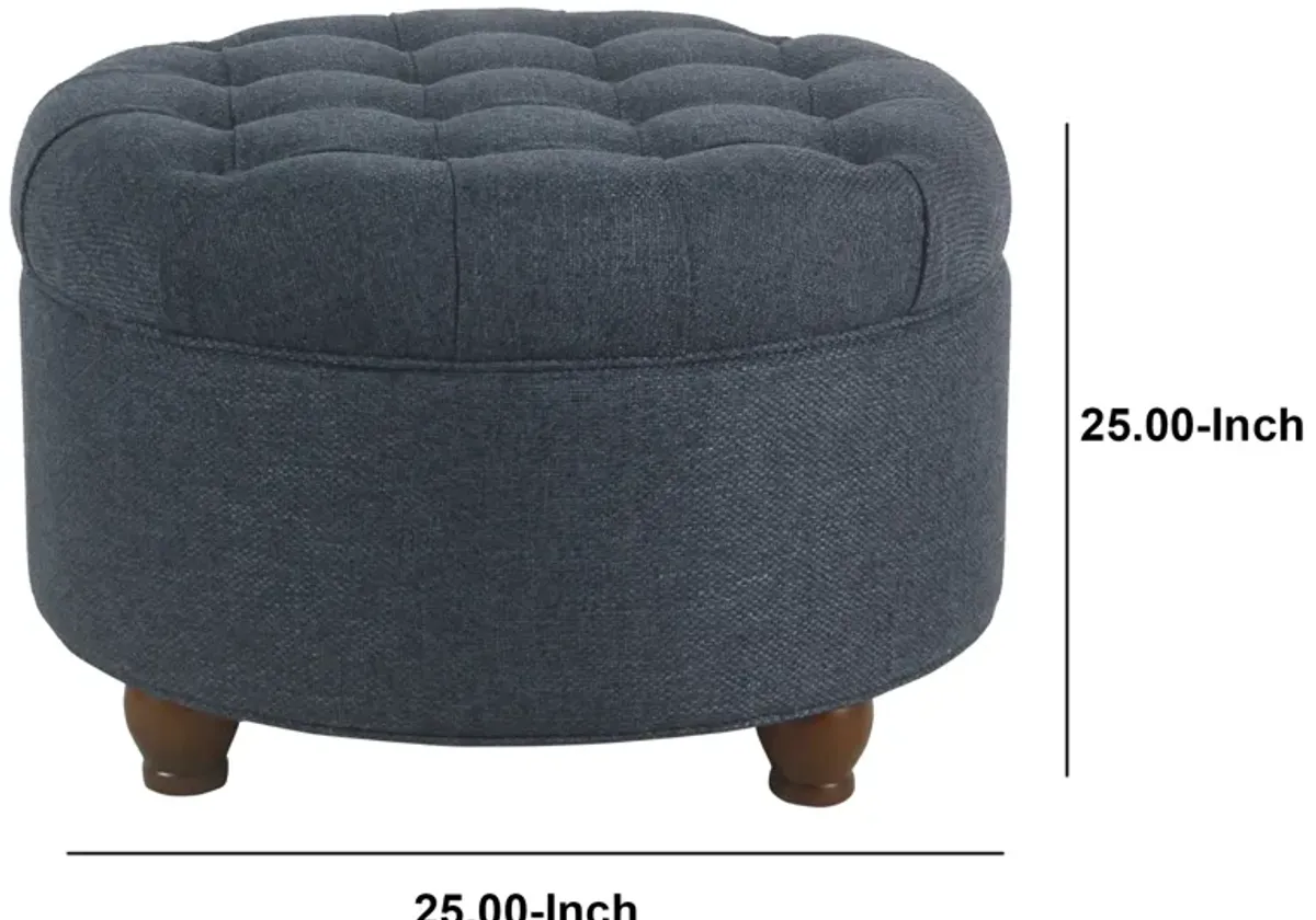 Fabric Upholstered Wooden Ottoman with Tufted Lift Off Lid Storage, Navy Blue - Benzara