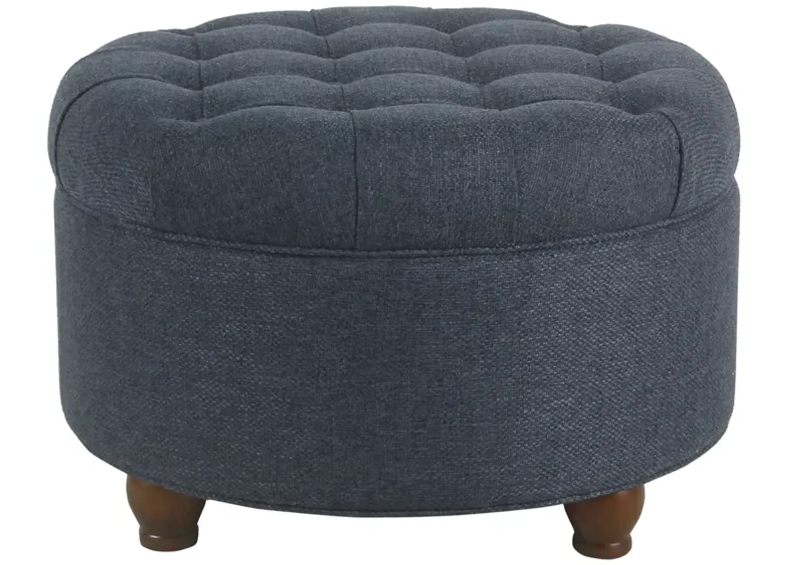 Fabric Upholstered Wooden Ottoman with Tufted Lift Off Lid Storage, Navy Blue - Benzara