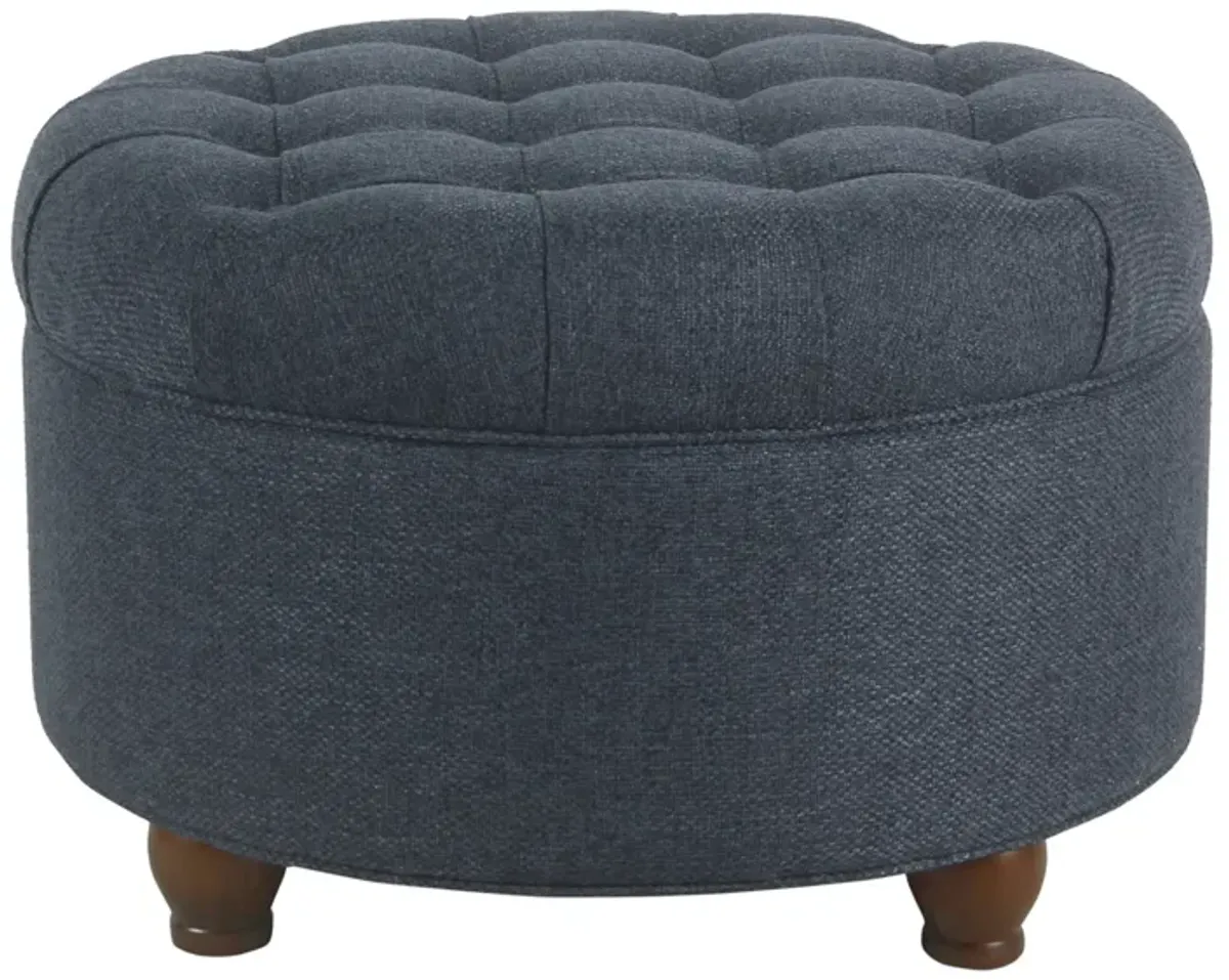 Fabric Upholstered Wooden Ottoman with Tufted Lift Off Lid Storage, Navy Blue - Benzara