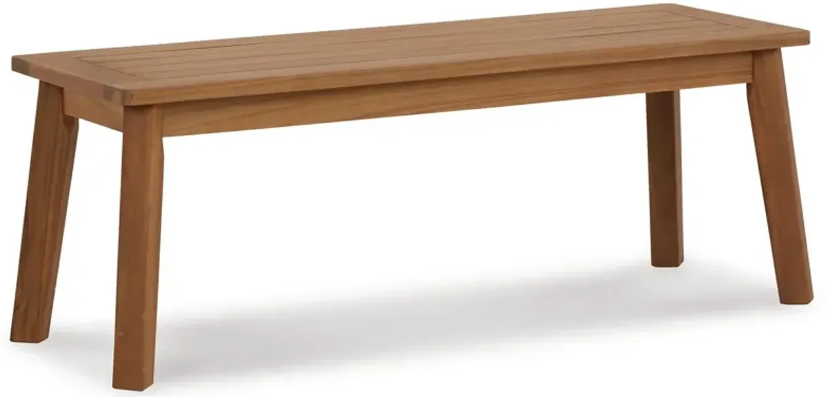 47 Inch Rectangular Bench, Natural Acacia Wood, Slatted Seat, Angled Legs-Benzara