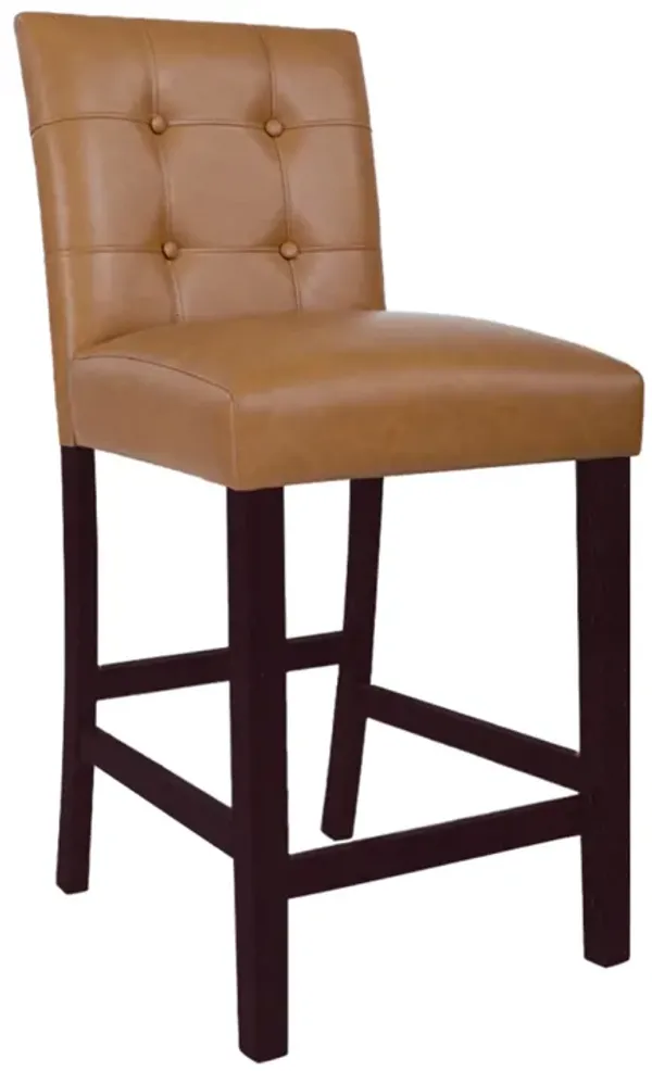 Popa Counter Stool Chair Set of 2, Brown Faux Leather, Tufted Back