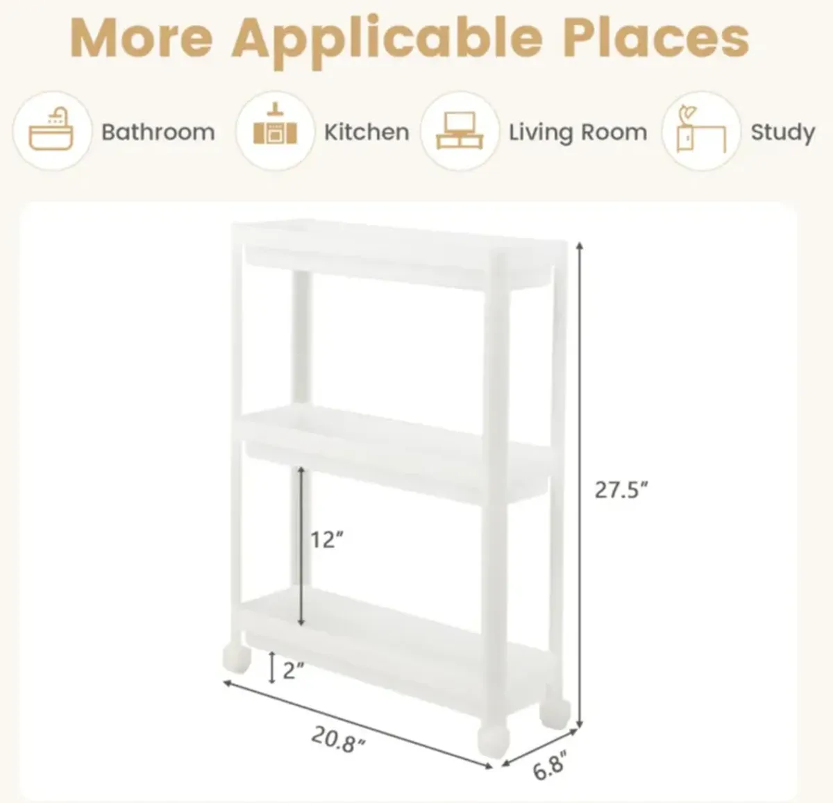 Hivvago 2 Pieces 3-Tier Slim Detachable Storage Cart with Drainage Holes and Wheels-White